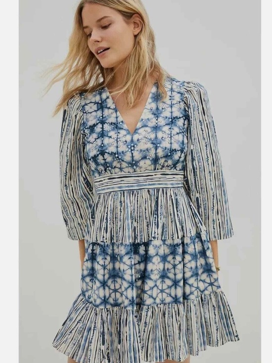Anthropologie Dresses & Skirts - Anthropologie Not So Serious Blue Tie-Dye Patterned V-Neck Tiered Dress medium